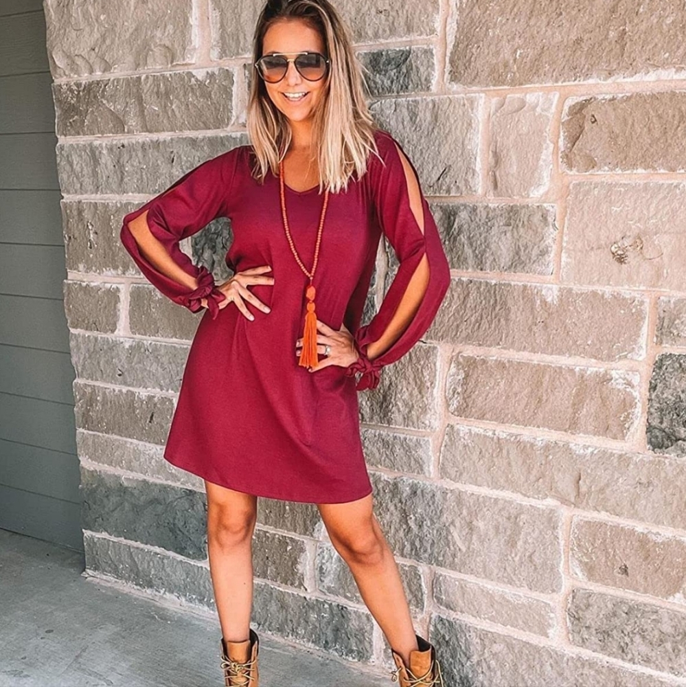 Women Casual Long Sleeve Dress Cold Shoulder V Neck Shift Short Mini Dresses